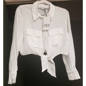 Zara White 100% Linen Short Sleeve Cropped Front Tie Button Up Top Sz L NWT